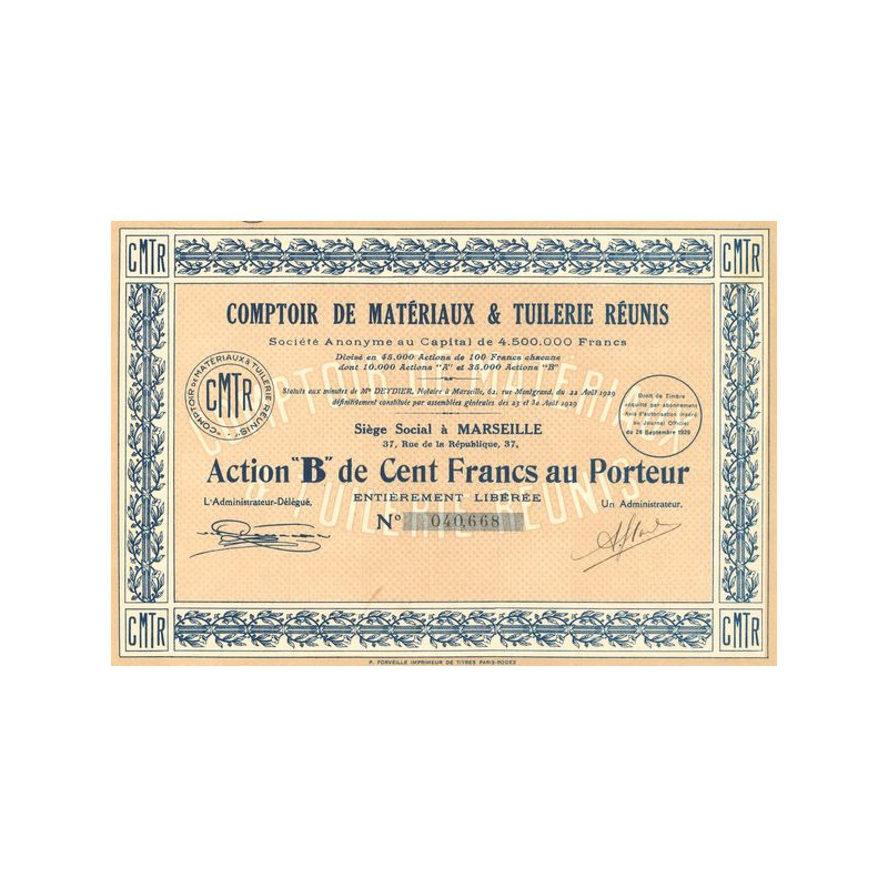 Comptoir de Matériaux & Tuilerie Réunis (Act B 100 F)