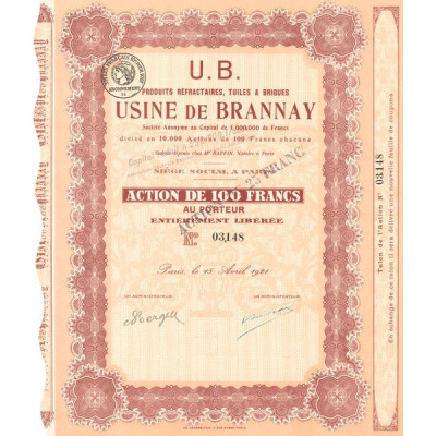 U.B. Produits Réfractaires. Tuiles & Briques - Usine de Brannay (Act 100 F)