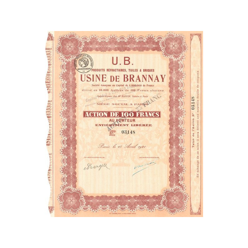U.B. Produits Réfractaires. Tuiles & Briques - Usine de Brannay (Act 100 F)