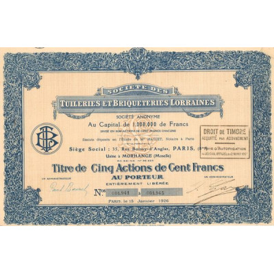 Sté des Tuileries et Briqueteries Lorraines (Titre 05 Act 100 F)