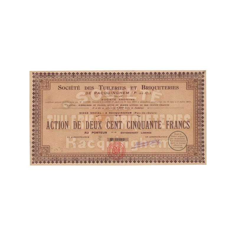 Sté des Tuileries et Briqueteries de Racquinghem (P.-de-C.) (Act 250 F)