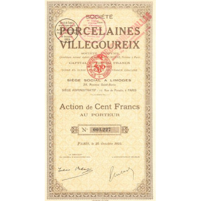 Sté des Porcelaines Villegoureix (Act 100 F)