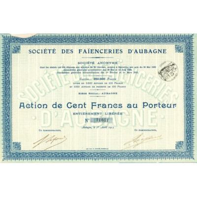 Sté des Faïenceries d'Aubagne - 1913 (Act 100 F)