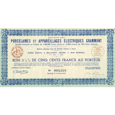 Sté des Porcelaines et Appareillages Electriques Grammont (Bon 3½% 500 F)