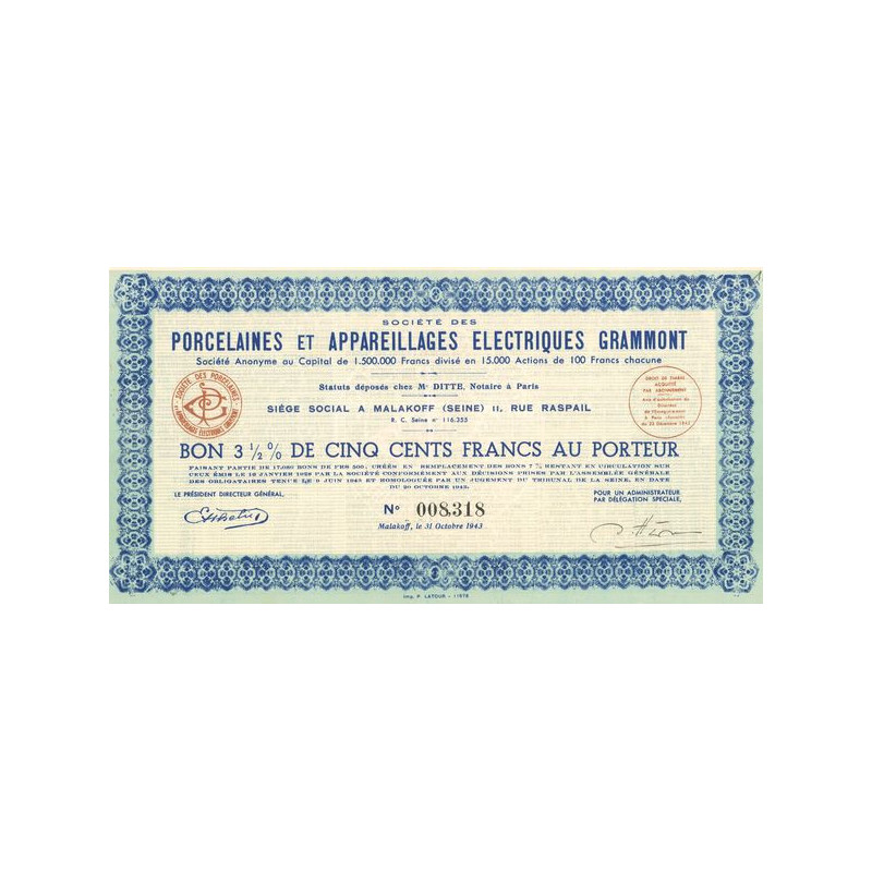 Sté des Porcelaines et Appareillages Electriques Grammont (Bon 3½% 500 F)