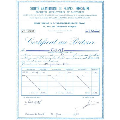 Sté Amandinoise de Faïence. Porcelaine. Produits Réfractaires et Sanitaires (Certif 100 Act 50 F)