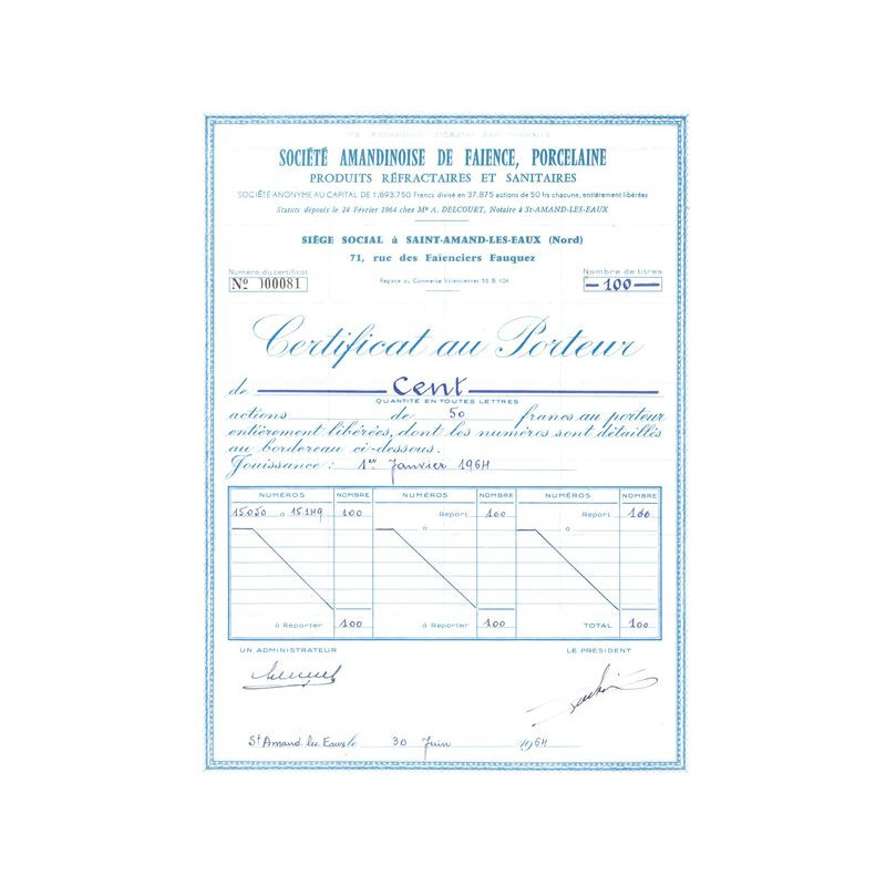 Sté Amandinoise de Faïence. Porcelaine. Produits Réfractaires et Sanitaires (Certif 100 Act 50 F)