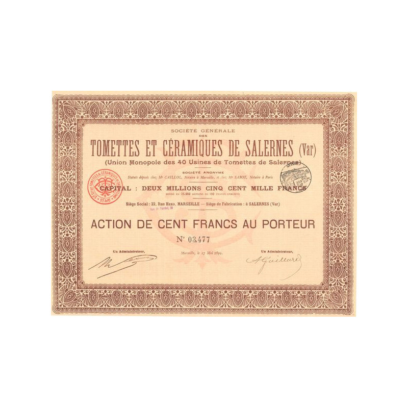 Sté Gale des Tomettes et Céramiques de Salernes (Var) (Union Monopole des 40 Usines de Tomettes de Salernes) (Act 100 F)