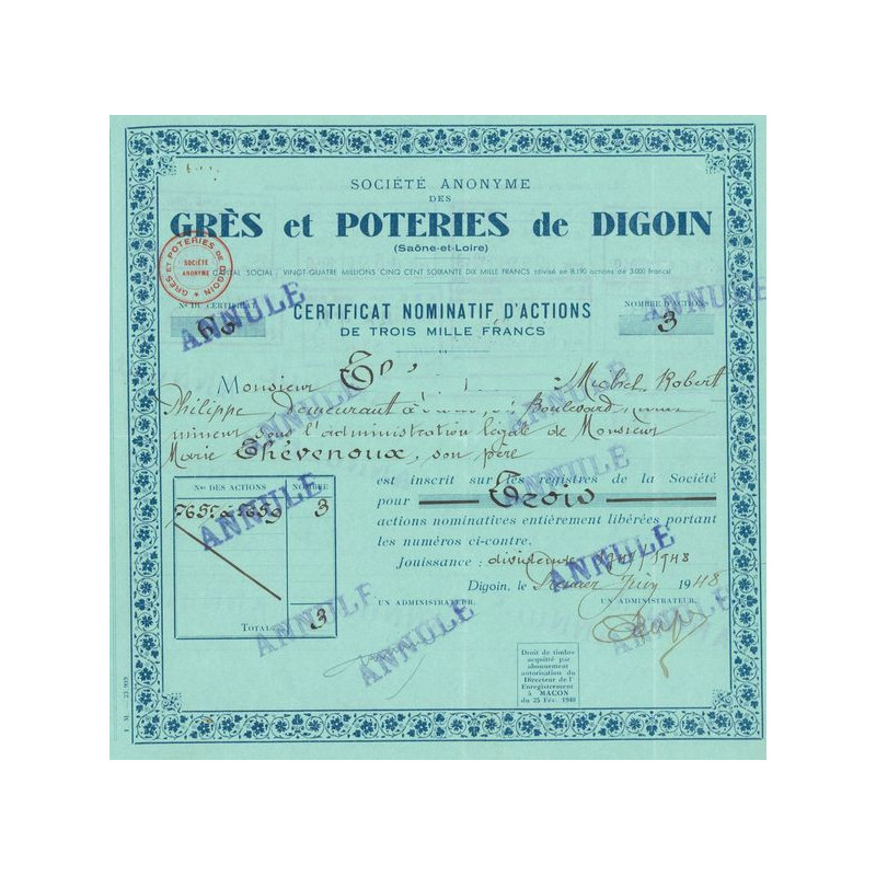 S.A. des Grès et Poteries de Digoin (Bleu)(Certif Nomin 03 Act 3000 F)