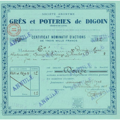 S.A. des Grès et Poteries de Digoin (Bleu)(Certif Nomin 12 Act 3000 F)