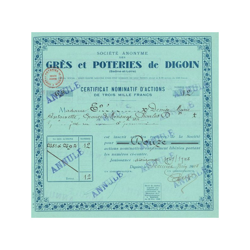 S.A. des Grès et Poteries de Digoin (Bleu)(Certif Nomin 12 Act 3000 F)