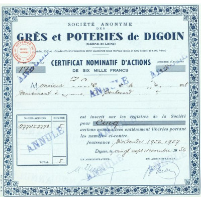 S.A. des Grès et Poteries de Digoin (Annulé)(Certif Nomin Act 6000 F)