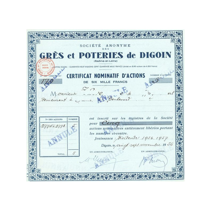 S.A. des Grès et Poteries de Digoin (Annulé)(Certif Nomin Act 6000 F)