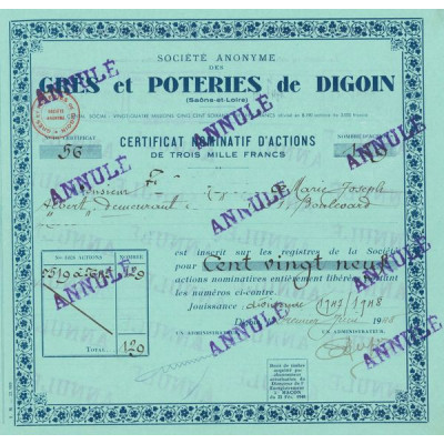 S.A. des Grès et Poteries de Digoin (Bleu)(Annulé)(Certif Nomin Act 3000 F)