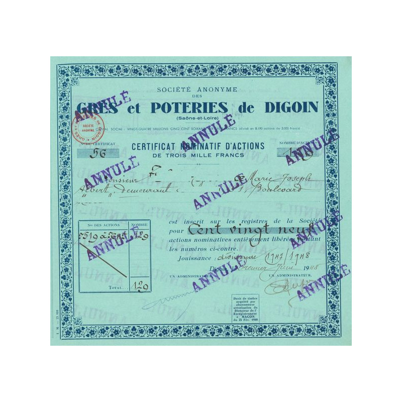 S.A. des Grès et Poteries de Digoin (Bleu)(Annulé)(Certif Nomin Act 3000 F)