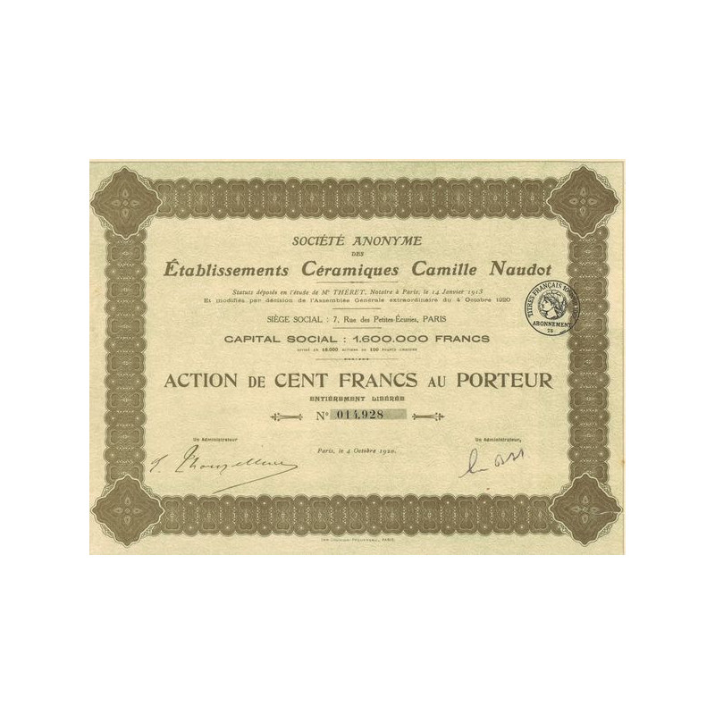 S.A. des Ets Céramiques Camille Naudot (Act 100 F)
