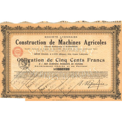 Sté Lyonnaise de Construction de Machines Agricoles (Anc Ets S. PLISSONNIER) (Obl 500 F)