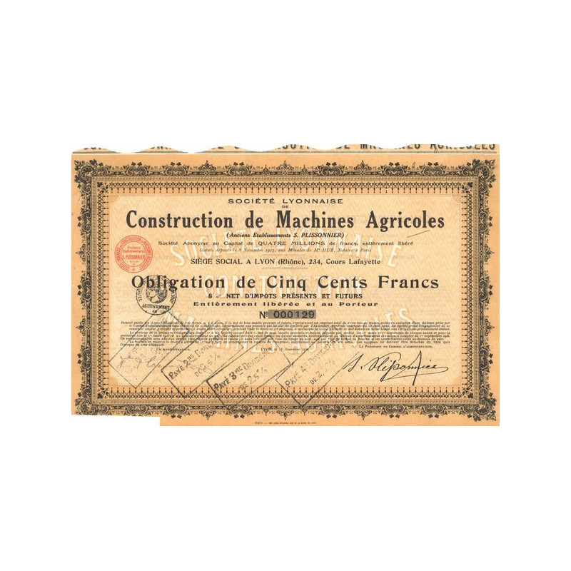 Sté Lyonnaise de Construction de Machines Agricoles (Anc Ets S. PLISSONNIER) (Obl 500 F)