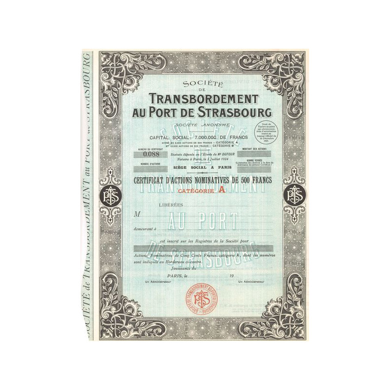 Sté de Transbordement au Port de Strasbourg - Categorie A (Blanquette)(Certif Act Nomin 500 F)