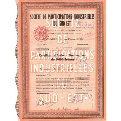 Sté de Participations Industrielles du Sud-Est (Certif d'Act Nomin)