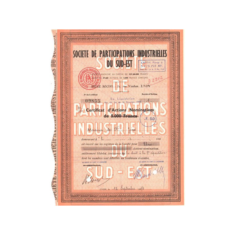 Sté de Participations Industrielles du Sud-Est (Certif d'Act Nomin)