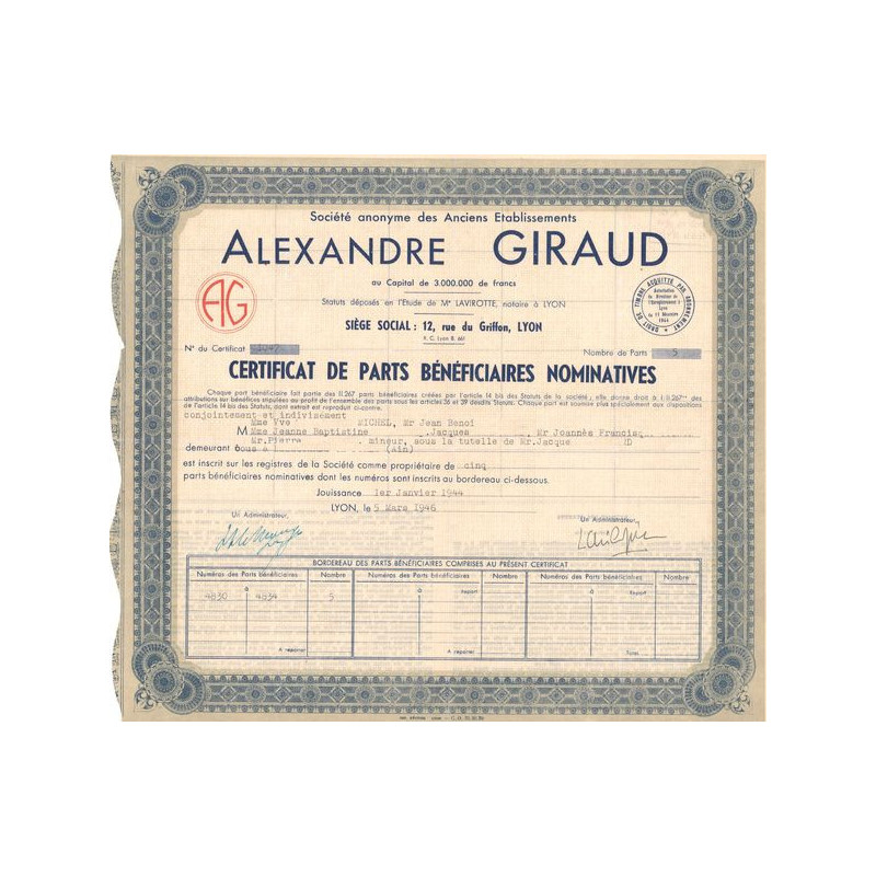 S.A. des Anciens Ets Alexandre Giraud (Certif PB Nomin)