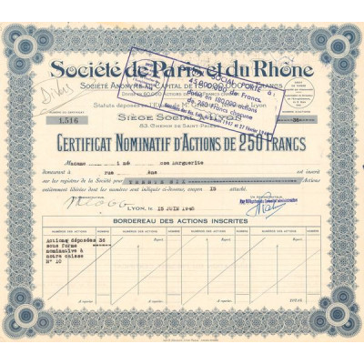 Sté de Paris et du Rhône (Certif Nomin Act 250 F)