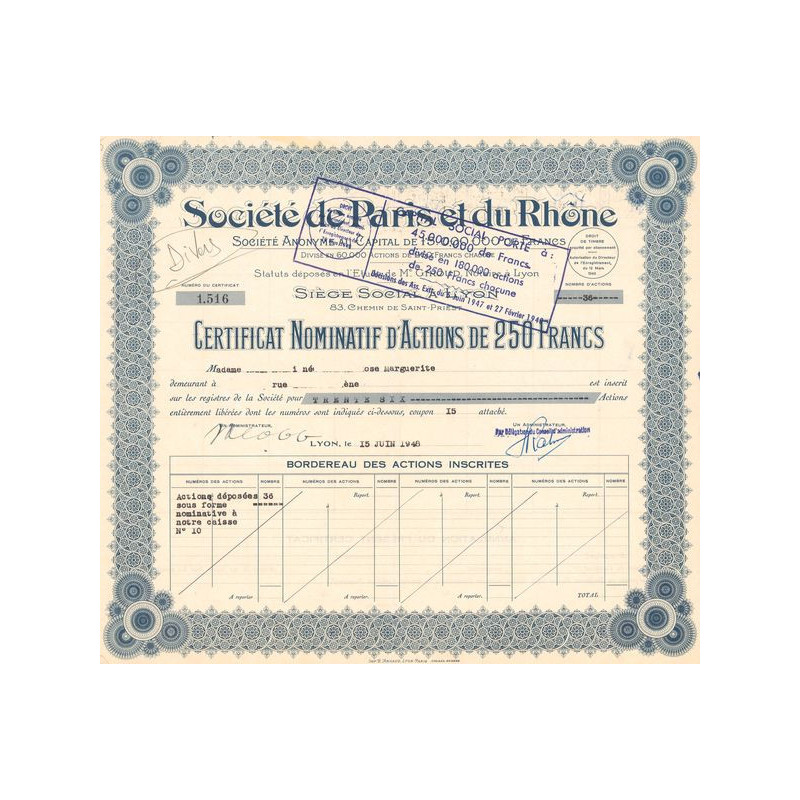 Sté de Paris et du Rhône (Certif Nomin Act 250 F)