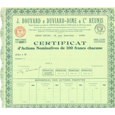 J. Bouvard & Duviard-Dime & Cie Réunis (Blanquette)(Certif Act Nomin 100 F)