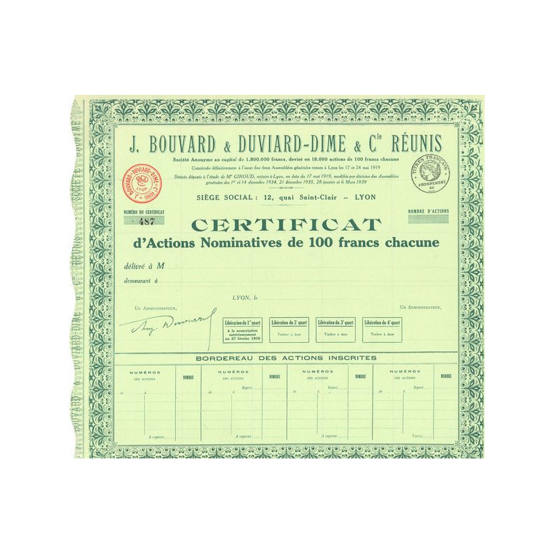 J. Bouvard & Duviard-Dime & Cie Réunis (Blanquette)(Certif Act Nomin 100 F)