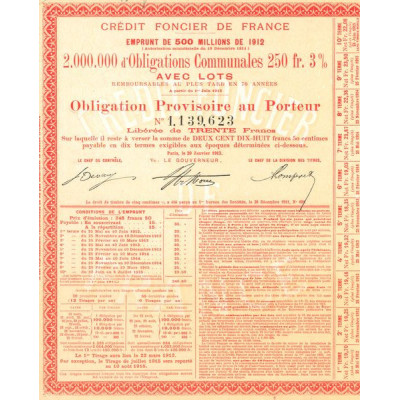 Crédit Foncier de France - Emprunt de 500 Millions de 1912 (Obl Provi 250 F)