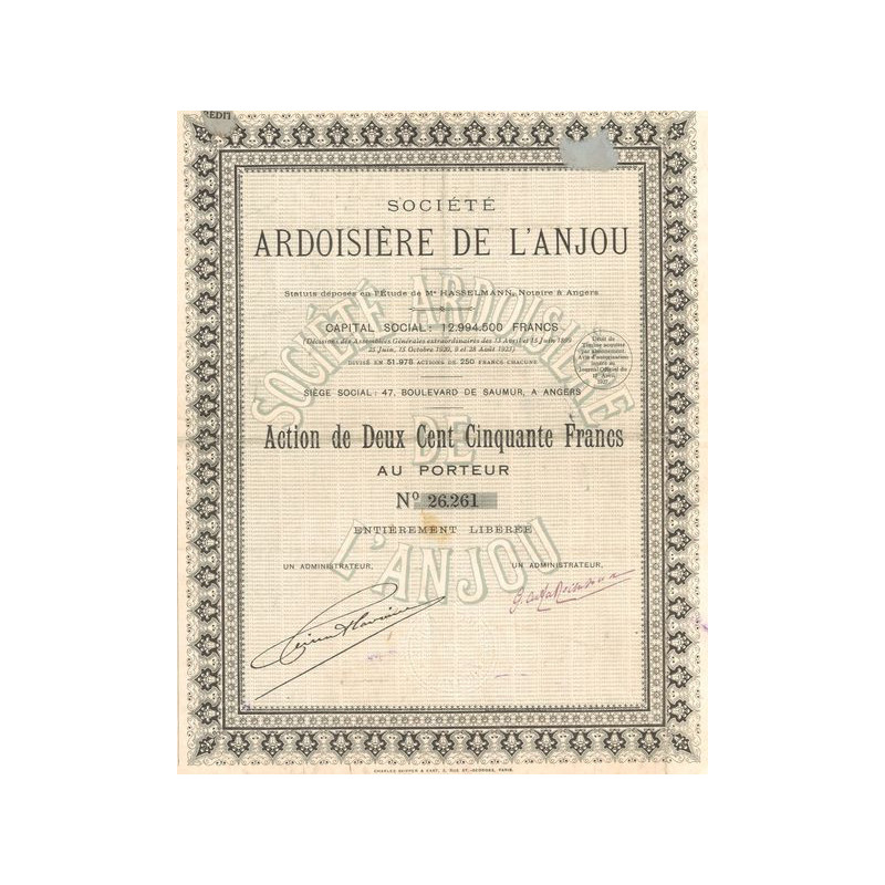 Sté Ardoisière de l'Anjou (Act 250 F)