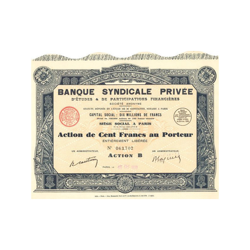 Banque Syndicale Privée d'Etudes & de Participations Financières (Act 100 F)