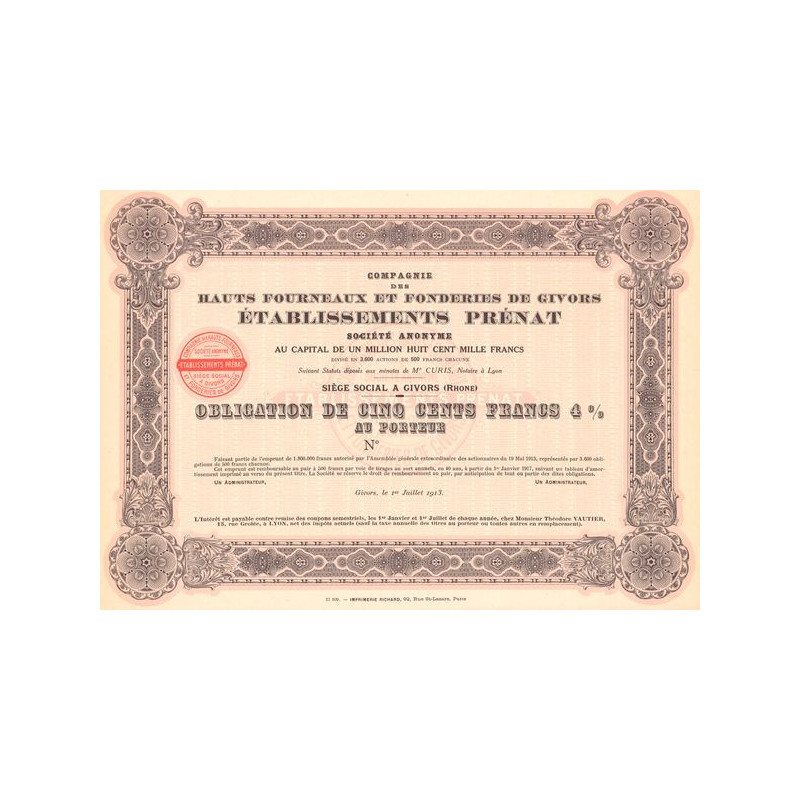 Cie des Hauts-Fourneaux et Fonderies de Givors - Ets Prénat (Obl 500 F 4%)