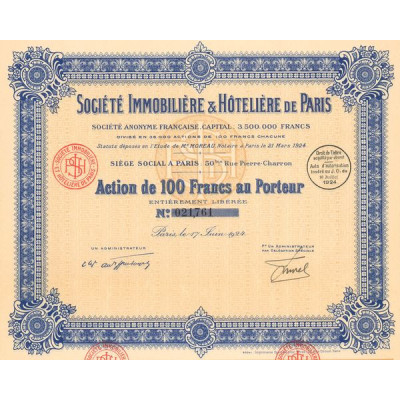 Sté Immobilière & Hôtelière de Paris (Act 100 F)