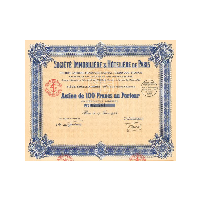 Sté Immobilière & Hôtelière de Paris (Act 100 F)