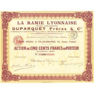 La Ramie Lyonnaise Anciens Ets Duparquet Frères & Cie - 1925 (Act 500 F)
