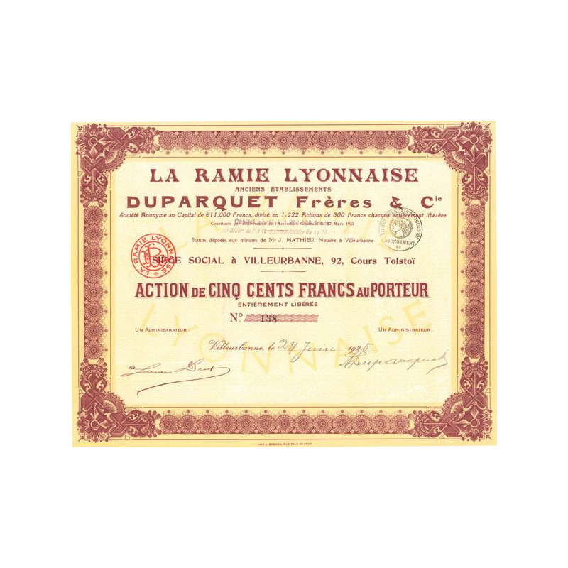 La Ramie Lyonnaise Anciens Ets Duparquet Frères & Cie - 1925 (Act 500 F)