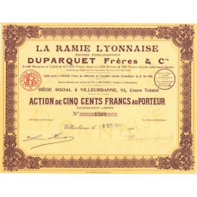 La Ramie Lyonnaise Anciens Ets Duparquet Frères & Cie - 1926 (Modele 2)(Act 500 F)