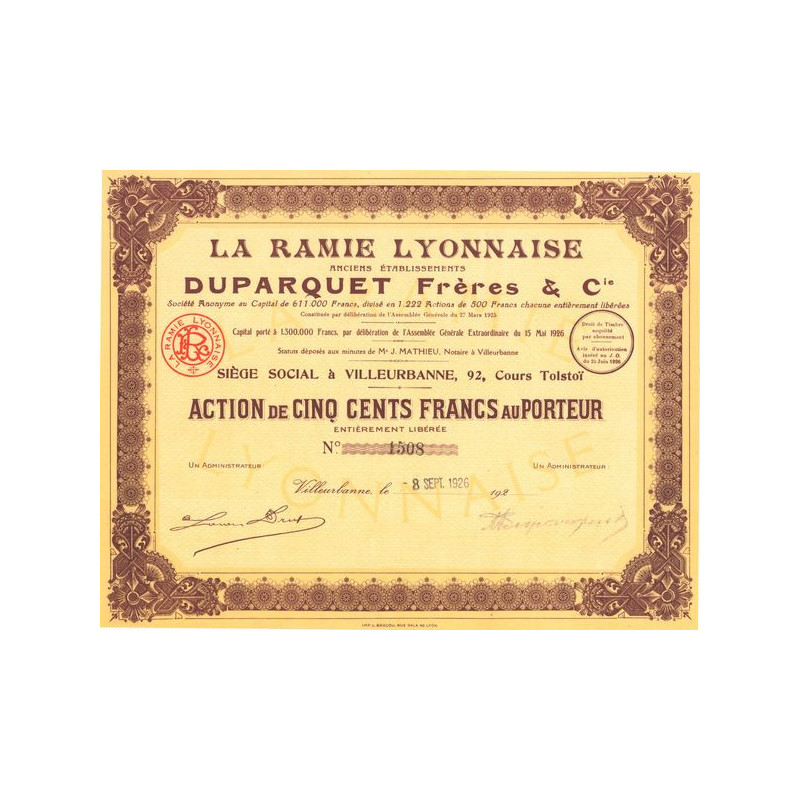 La Ramie Lyonnaise Anciens Ets Duparquet Frères & Cie - 1926 (Modele 2)(Act 500 F)