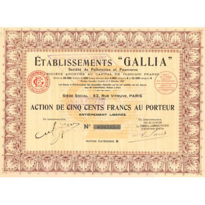 Etablissements "Gallia" - Sté de Pelleteries et Fourrures (Act 200 F) (Catégorie B)