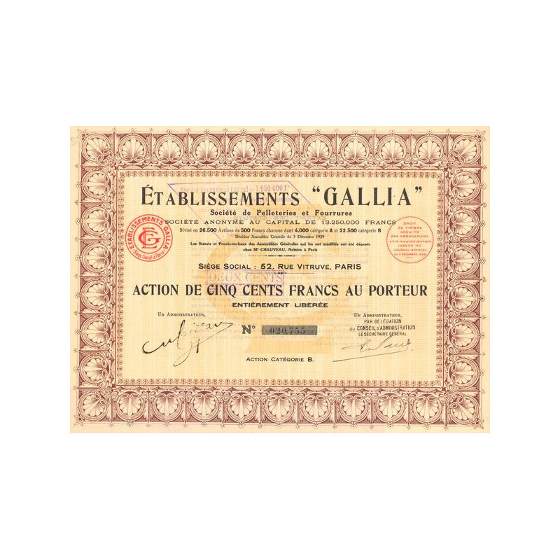 Etablissements "Gallia" - Sté de Pelleteries et Fourrures (Act 200 F) (Catégorie B)