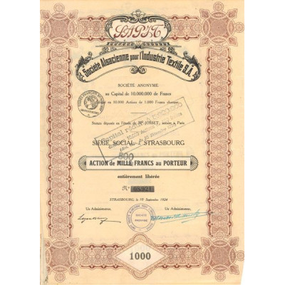 SAPIT Sté Alsacienne pour l'Industrie Textile (Act 1000 F)