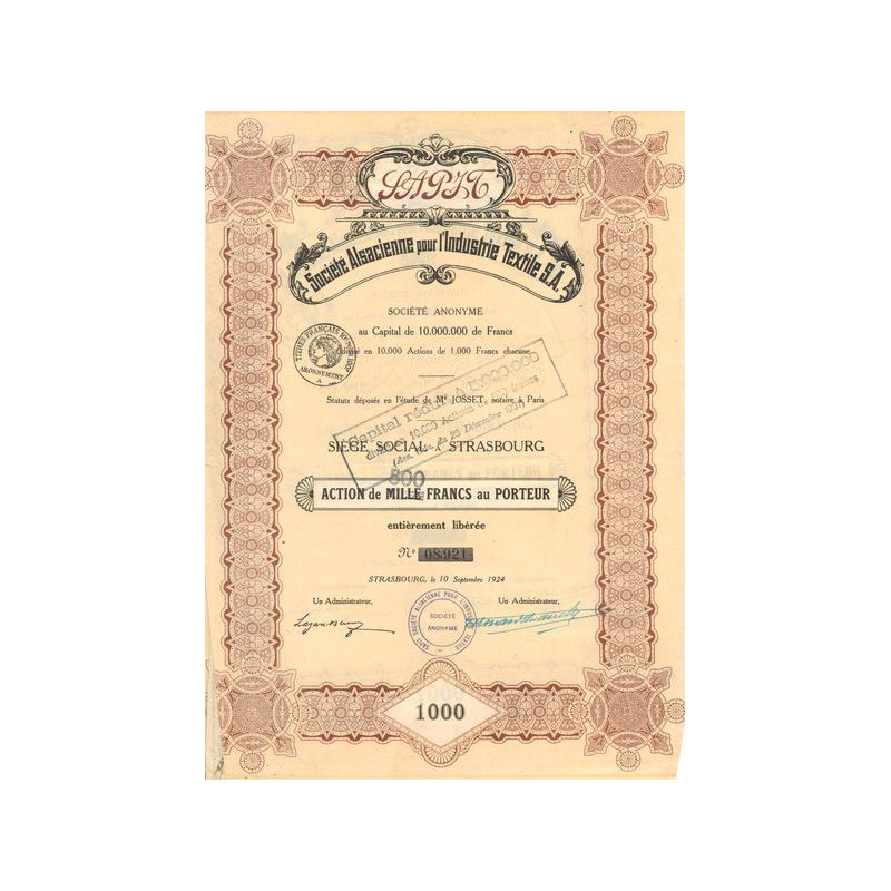 SAPIT Sté Alsacienne pour l'Industrie Textile (Act 1000 F)