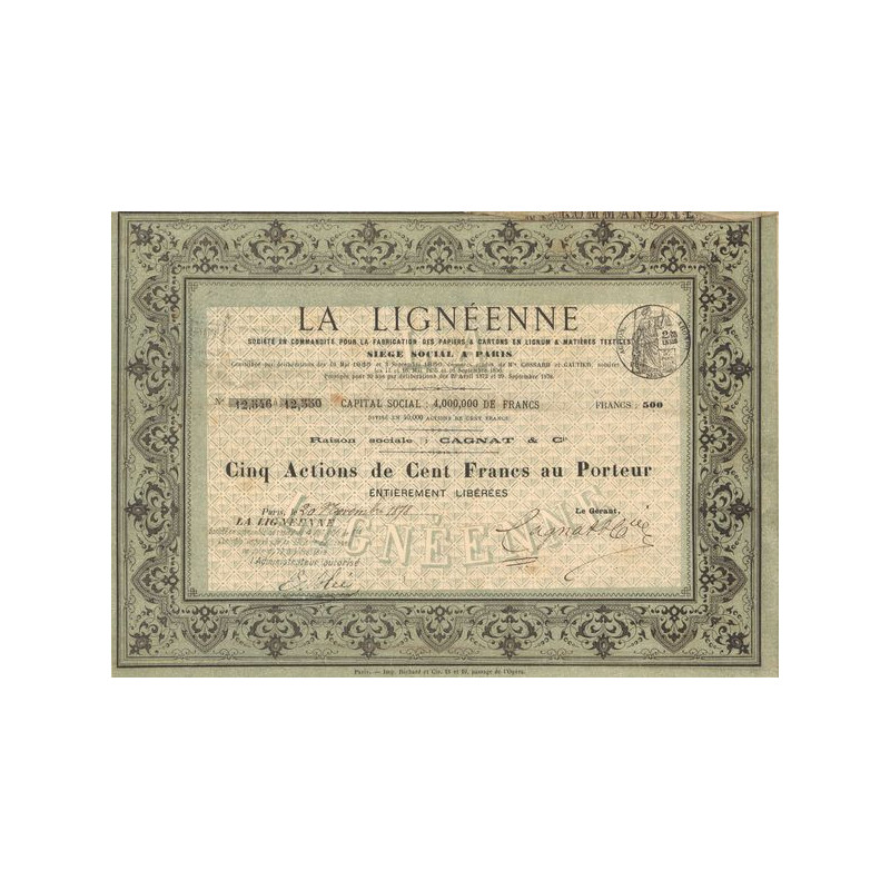 La Lignéenne - Sté en Commandite pour la Fabrication des Papiers & Cartons en Lignum & Matiéres Textiles (Titre 05 Act 100 F)
