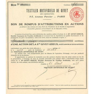Textiles Artificiels de Givet (Bon de Rompus d'Attributions en Actions)(76 centièmes 1 Act)