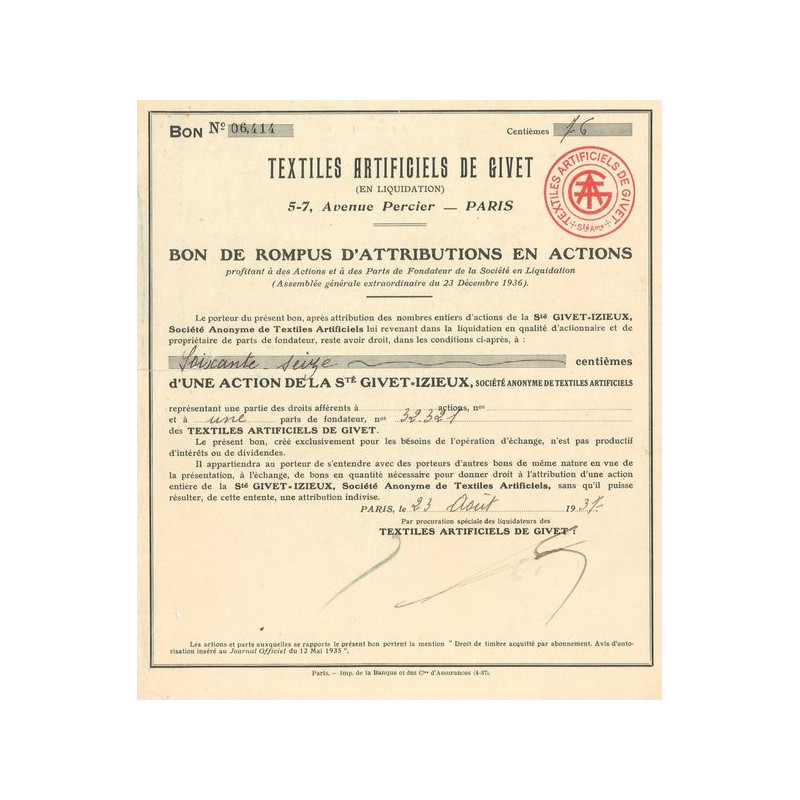 Textiles Artificiels de Givet (Bon de Rompus d'Attributions en Actions)(76 centièmes 1 Act)