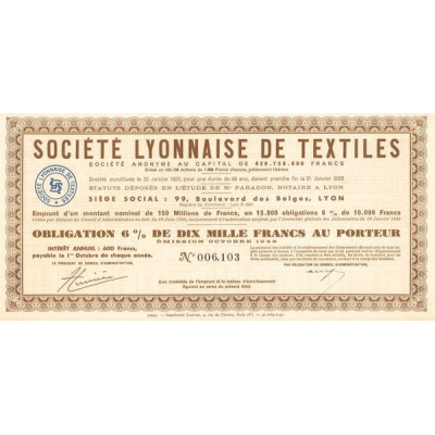 Sté Lyonnaise de Textiles (Obl 6% 10000 F)