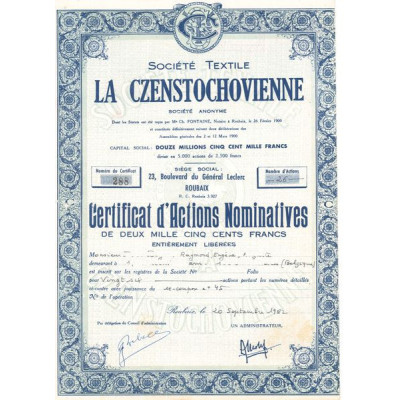 Sté Textile la Czenstochovienne (Certif d'Act Nomin)