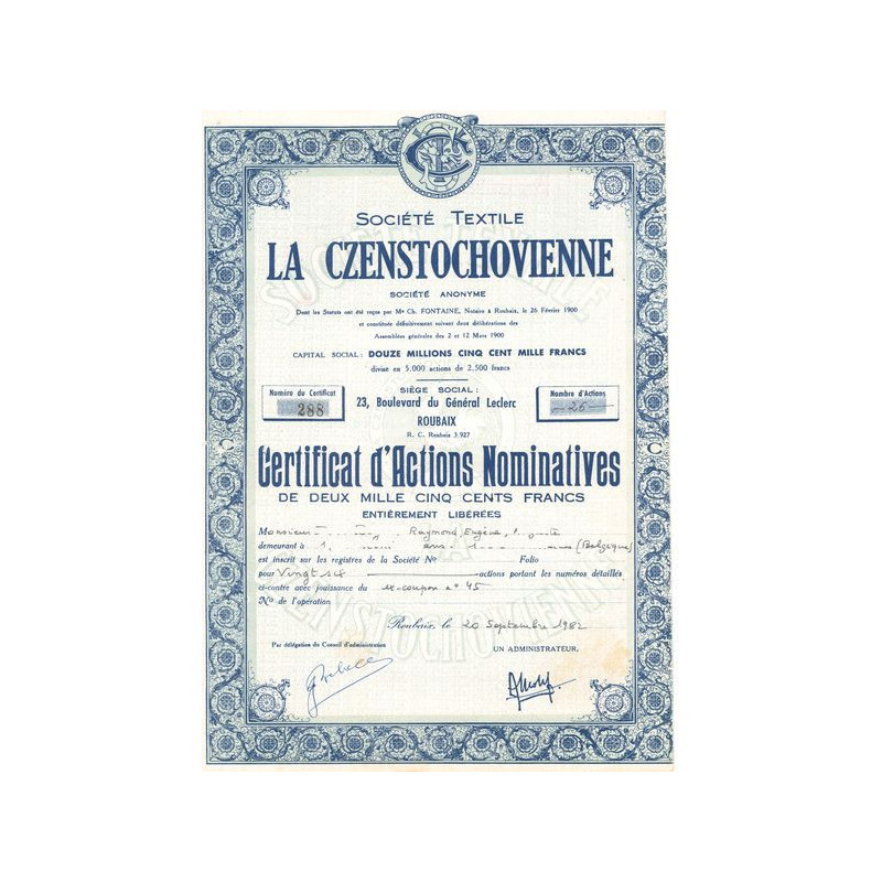 Sté Textile la Czenstochovienne (Certif d'Act Nomin)